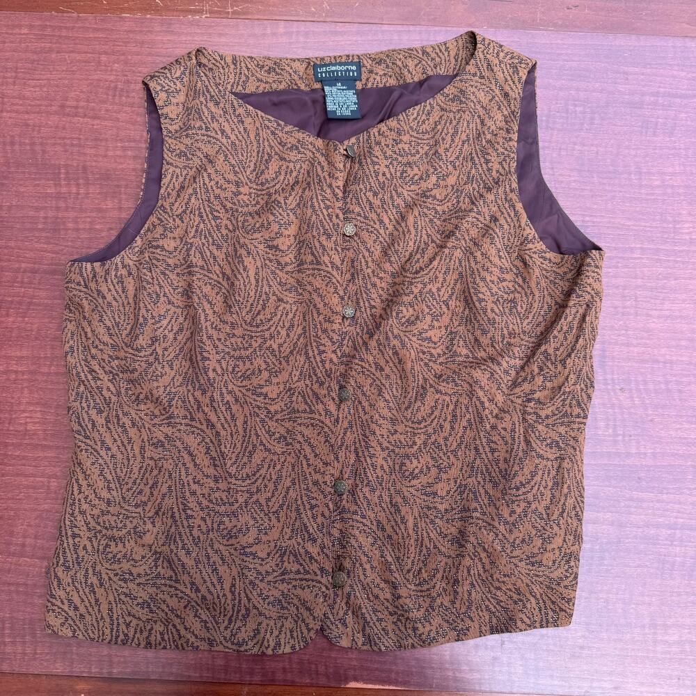 Liz Claiborne Vest Swirl Brocade Metallic 90s Vintage Womens Size 14 Brown Gold